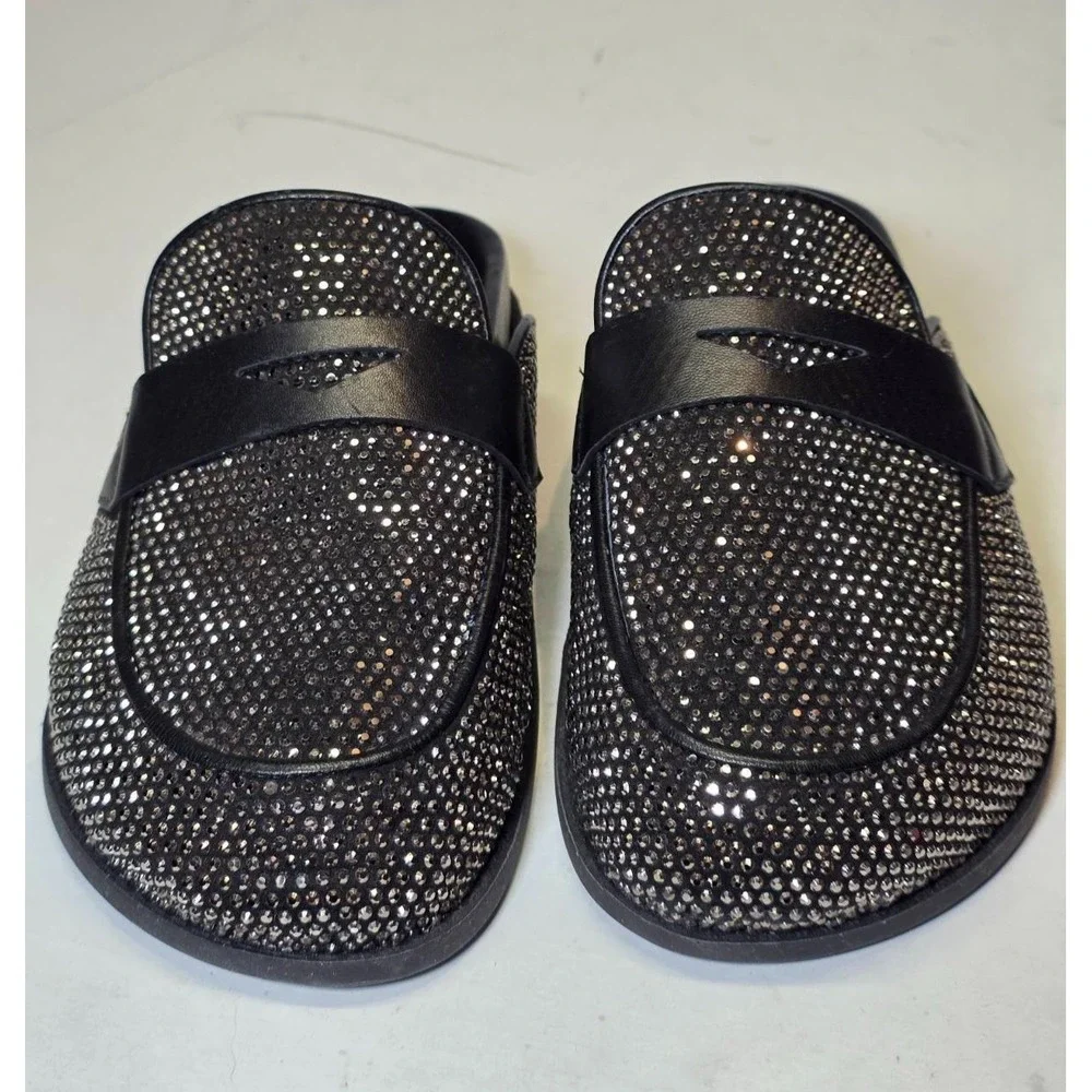 Schutz Ava Women's Shoes Size 7 B Black Leather Mule Metallic Slip‎ On Slides